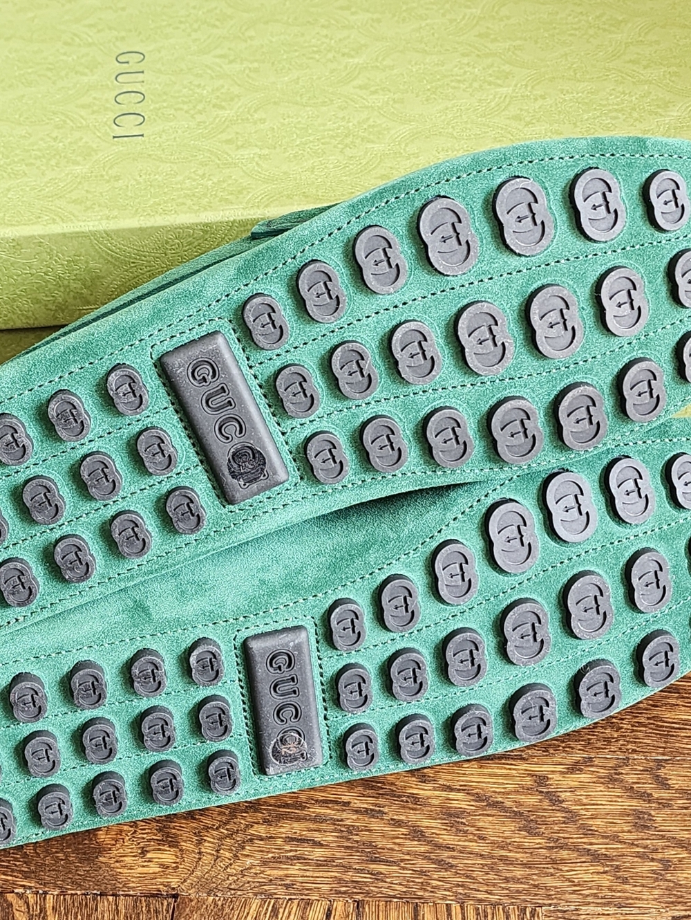 $950 Brand New Gucci GG Men's Vintage Green Suede Driver Loafers G 12 US 12.5 - Picture 4 of 10